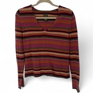 Y2K Eddie Bauer Pink Brown Striped V Neck Sweater Top